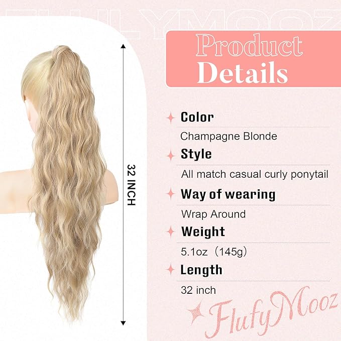Flufymooz Ponytail Extension, Flexible Wrap Around Ponytail Extension Long Wavy Curly Ponytail Hair Extensions Natural pony tail Synthetic Hairpiece for Women 32 Inch (Champagne Blonde)