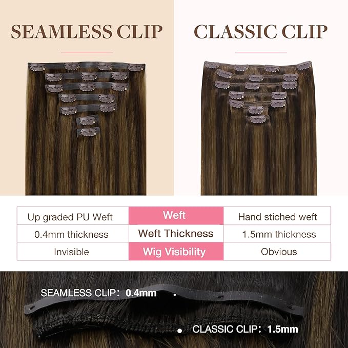 GOO GOO Clip in Hair Extensions Real Human Hair, Remy Human Hair Extensions Clip ins for Women, Natural Human Hair, 18inch 130g 7Pcs, 2C/4E/6C Brown Sugar Swirl Highlights