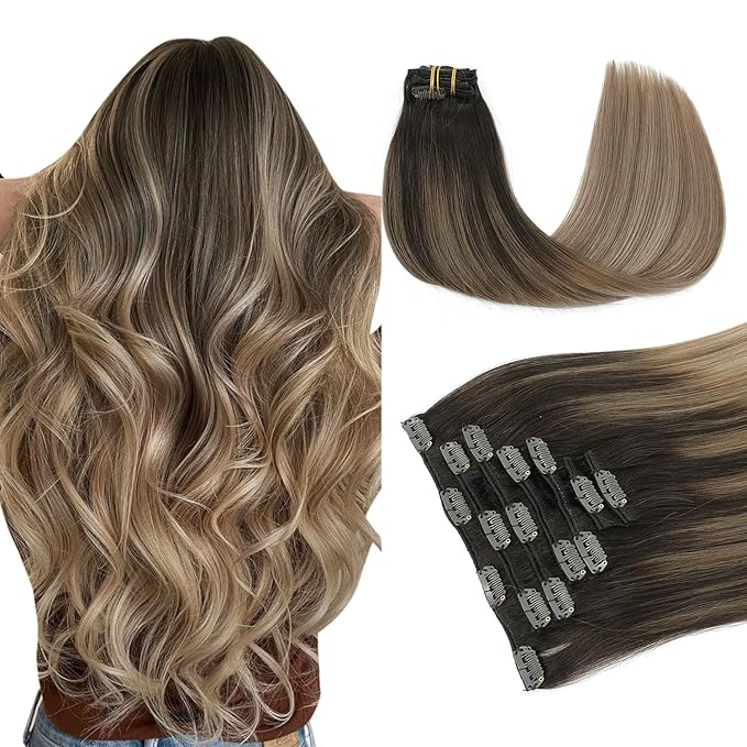 PINKPEARL Clip in Hair Extensions Real Human Hair #2/6/18 Balayage Dark Brown to Chestnut Brown and Ash Blonde 7pcs 120g 20inch Ombre Remy Human Hair Extensios Clip ins(#2/6/18-20)