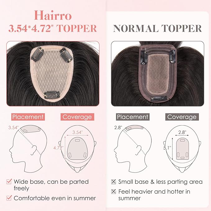 Hairro Human Hair Toppers with Wispy Bangs, 3.5x4.7" Hand-wovened Base for Women with Thinning Hair, Lightweight & Breathable Realistic Scalp, Clip-in Hairpieces for Easy Wear, 10 Inch Natural Black