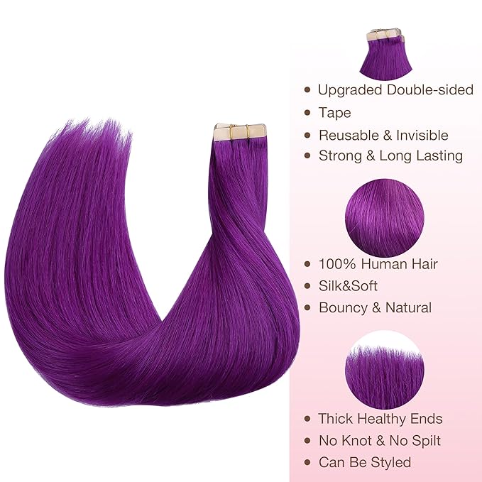 GOO GOO Tape in Hair Extensions Human Hair, Purple, 18inch 25g 10pcs, Colored Tape ins Human Hair Extensions, Silky&Soft Invisible Tape Ins, Hair Highlighted for Party