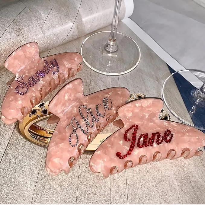 Personalized Colorful Name Hair Claw Clips for Women,Custom Hair Clips with Diamond,Cute Hair Accessories 4",Handmade Rhinestones Hair Clamp Gifts for Mom,Bride,Wife,Bridesmaid,Couples（Shell Pink）