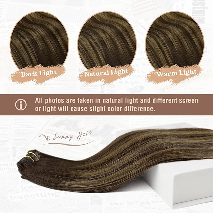 Ve Sunny Clip in Human Hair Extensions Dark Brown Balayage Caramel Blonde Human Hair Clip in Extensions 14inch Short Hair Extensions Real Human Hair Clip ins 100g 7Pcs