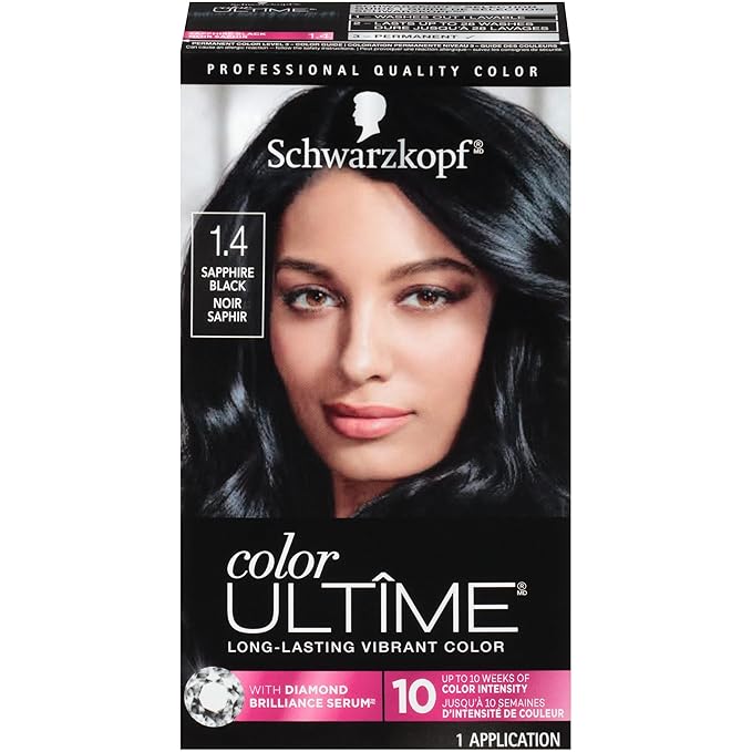 Schwarzkopf Color Ultime 1.4 Sapphire Black Hair Dye, Permanent Intense Black with Diamond Brilliance, Fade-Resistant, Covers Grays, All Hair Textures