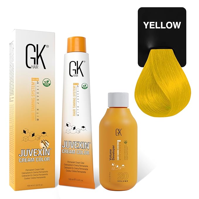 GK HAIR Global Keratin Mixtones Yellow Hair Color Cream Tube (3.4 Fl Oz/100ml) + 20 Volume Developer (5 Fl Oz/150ml) - Professional Permanent Long Lasting Toner Dye
