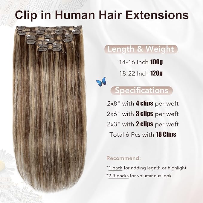 XDhair Clip In Hair Extensions Remy Human Hair 120g 20 Inch Medium Brown #4 Mixed to Caramel Blonde #27 Clip In Real Hair Silk Stright 6Pcs (#4P27,20Inch)