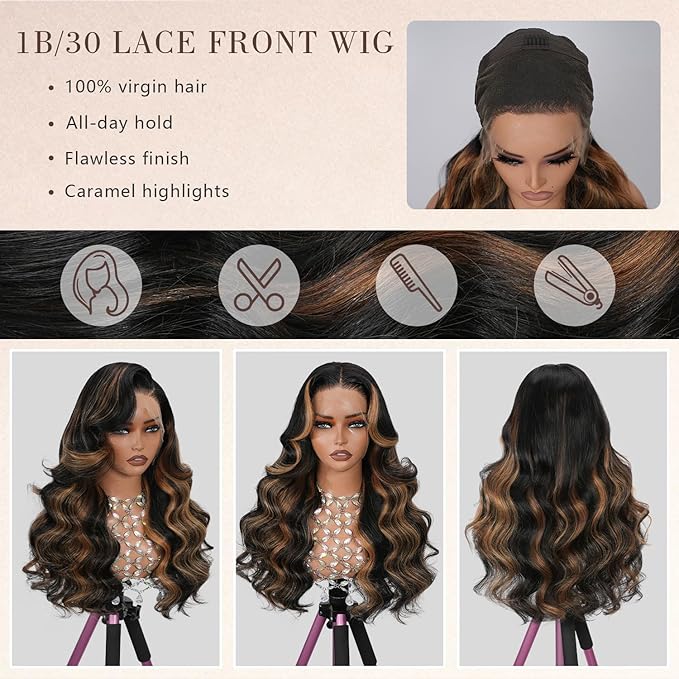 13x4 Full Frontal Lace Wig Human Hair Body Wave 1B/30 Highlight Ombre Colored Skinlike Swiss HD Lace 0.10mm Ultra-thin Invisible 200% Density Balayage Brown Pre Plucked Tiny Knots Natural Hairline