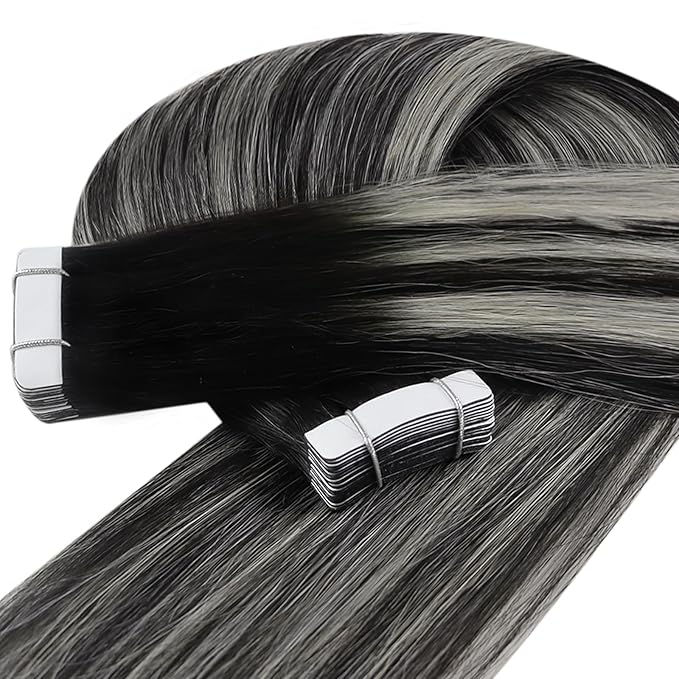 YoungSee Human Hair Tape in Extensions Black Ombre Invisible Tape-in Natural Hair Extensions Ombre Black to Silver Tape ins Hair Extension for Women 16 In 50g 20pcs Extensiones Adhesivas Pelo Humano