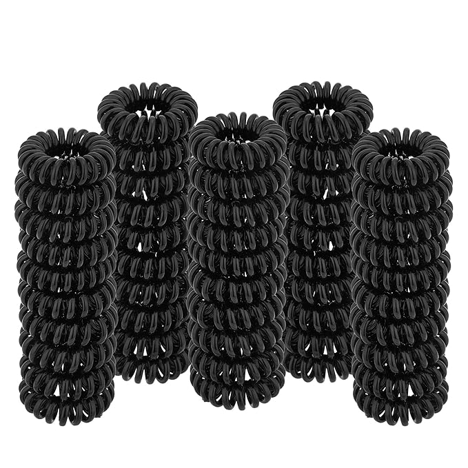Spiral Hair Ties (Small Black, 50 Pcs Plastic Spiral) - Coil Ponytail Holders for Thick Hair, No Crease Phone Cord Ties for All Types