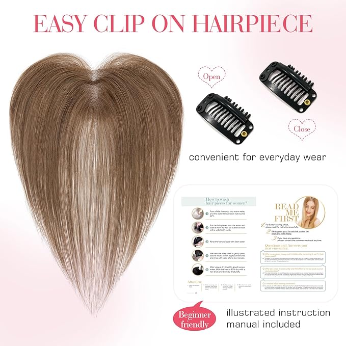 Hairro Human Hair Toppers For Women Wispy Thin Short Wiglet Hairpieces Natural No Bang Middle Part Side Bangs Hair Clip 11 Inches 14.5g #04 Medium Brown