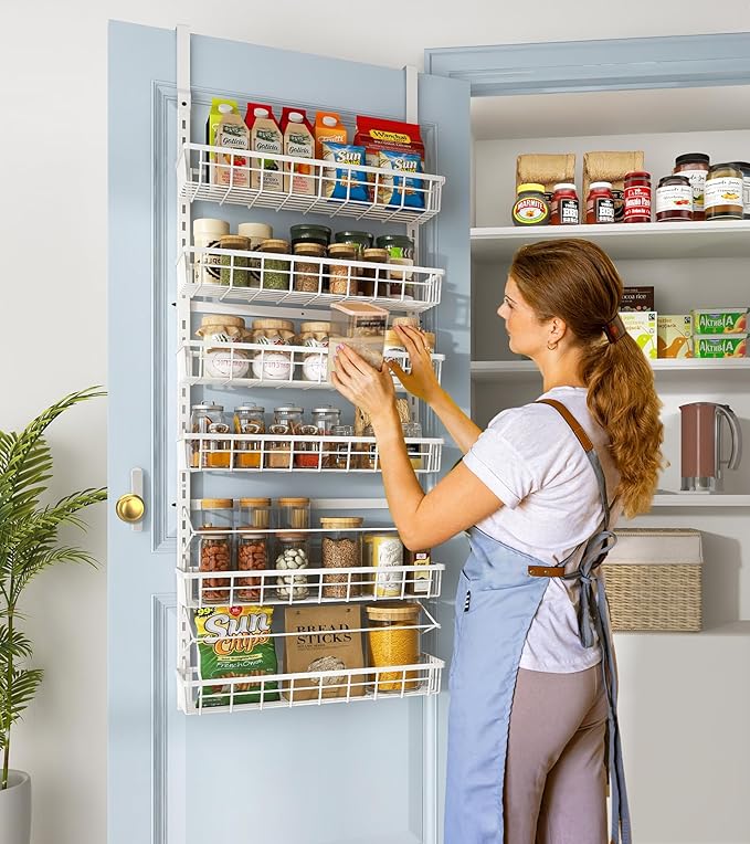 Over The Door Pantry Organizer, Wall Mount Spice Rack, Pantry Hanging Storage and Organization, 6 Adjustable Baskets Heavy-Duty Metal for Home & Kitchen, Back of Door Seasoning Rack - White