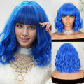 MISSQUEEN Short Dark Blue Wigs with Bangs for Women Synthetic Shoulder Length Wavy Bob Wig for Girl Colorful Costume Wigs (Blue)