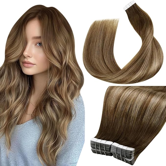 LaaVoo Tape in Hair Extensions Real Human Hair Extensions Tape in Human Hair Balayage Medium Brown to Ash Brown 24 Inch 40pcs 100G