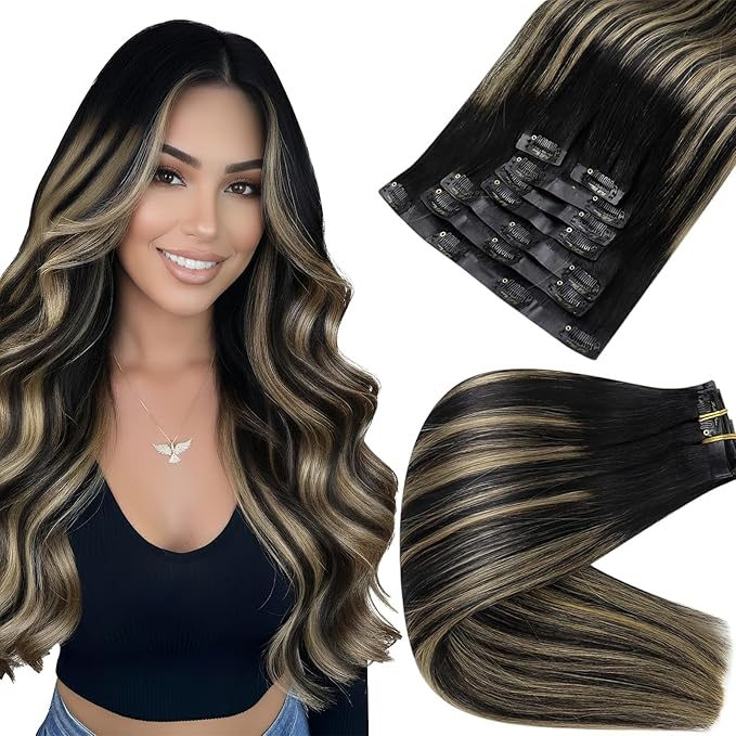 Full Shine Seamless Human Hair Clip in Extensions Black Hair Extensions Clip in Ombre Natural Black to Medium Brown and Blonde for Short Hair 12 Inch 80 G 8 PCS