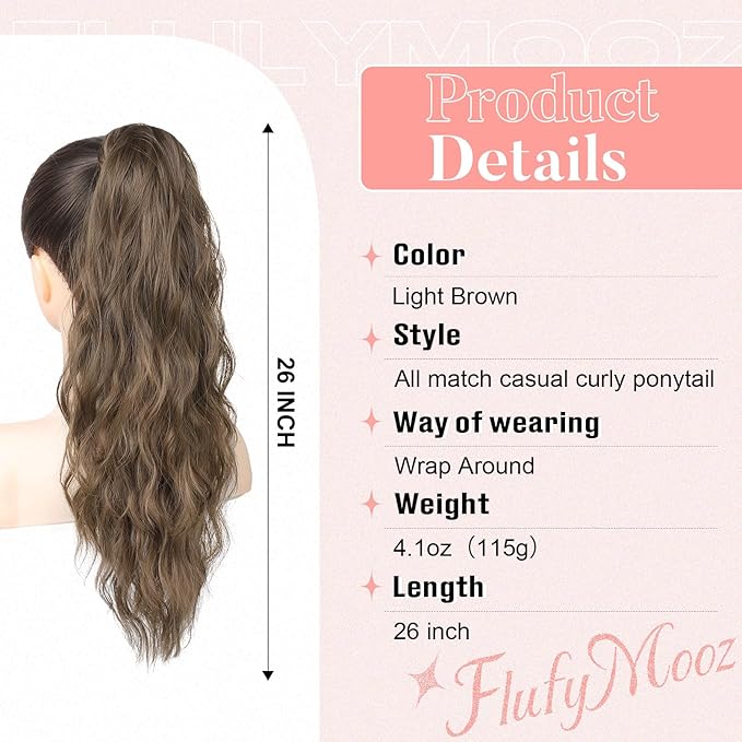 Flufymooz Ponytail Extension, Flexible Wrap Around Ponytail Extension Long Wavy Curly Ponytail Hair Extensions Natural pony tail Synthetic Hairpiece for Women 26 Inch ((Light Brown)