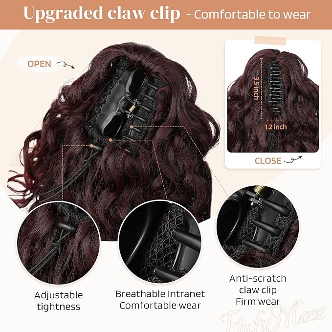Flufymooz 100％ Pure Protein Ponytail Extension, 18 Inch Curly Claw Clip Ponytail Hair Extensions Natural Soft pony tail hairpiece for women-Wine Red