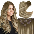 Ve Sunny Balayage Clip in Hair Extensions Real Human Hair Double Weft Remy Hair Clip in Human Hair Extensions Walnut Brown Ombre Light Brown with Blonde 18inch 120g 7pcs