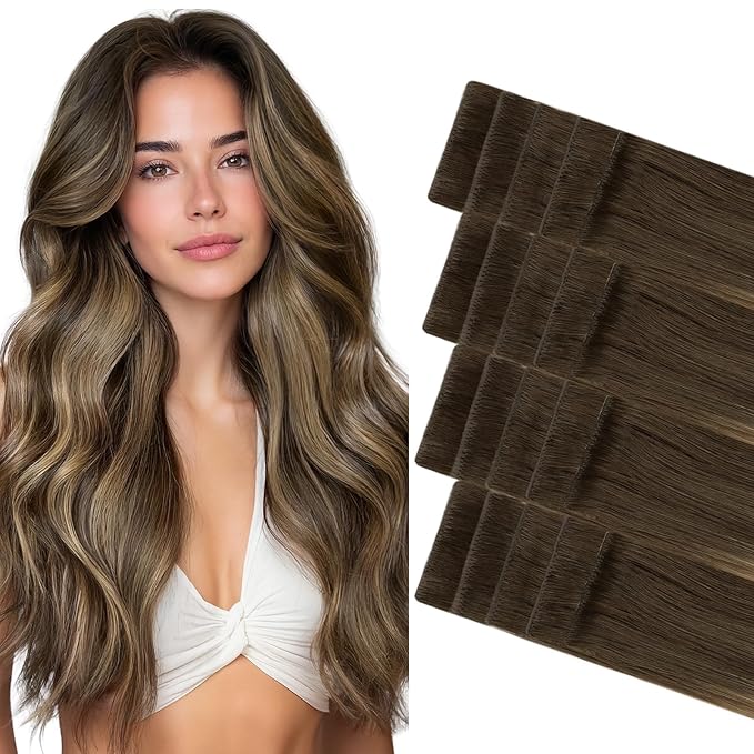 GOO GOO Invisi Edge Tape in Hair Extensions Human Hair, 4/27/4 Balayage Chocolate Brown to Caramel Blonde 20pcs 14inch 50g, Virgin Remy Hair, Seamless Injected Tape, Natural Look