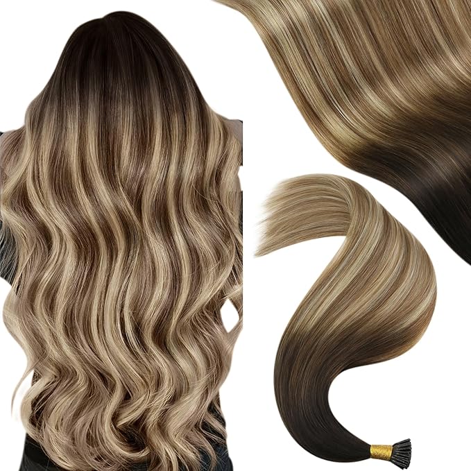 YoungSee I Tip Extensions Brown Balayage 18 Inch Itip Hair Extensions Real Human Hair Ombre Dark Brown to Blonde with Brown Itips Human Hair Extensions Pre Bonded Hair Extension Natural 60s 50g