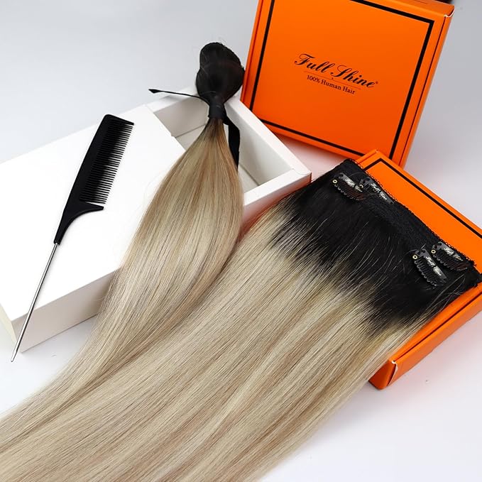 Full Shine Ombre Clip in Hair Extensions Brown Rooted to Ash Blonde and Platinum Blonde 14 Inch Real Hair Extensions Clip in Brown Ombre Ease of Use 3 PCS 60 G