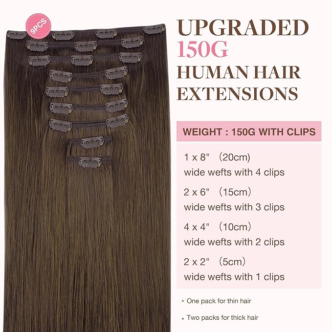 GOO GOO Clip in Hair Extensions Real Human Hair, Remy Human Hair Extensions Clip ins for Women, Natural Human Hair, 22inch 220g 9Pcs, #4A Chocolate Brown