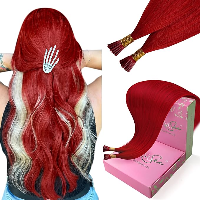 YoungSee I Tip Extensions Red 22 Inch Human Hair Extensions I Tip Pre Bonded Itips Extension Real Human Hair Red I-Tip Hair Extension Colorful 25 Strands 25g for Highlights DIY