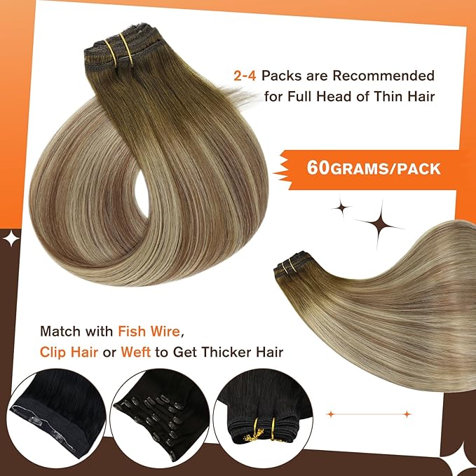 Full Shine Clip in Hair Extensions Human Hair Ombre Hair Extensions Clip Ins Medium Brown Ombre to Light Brown and Blonde Real Hair Extensions Clip Ins 12 Inch for Short Hair 3 PCS 60 G