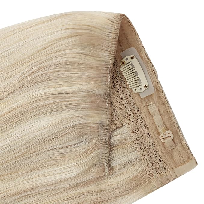YoungSee 18 Inch Wire Hair Extensions Blonde Invisible Wire Hair Extensions Real Human Hair Ash Blonde Highlights Bleach Blond Headband Hair Extension for Women 80G