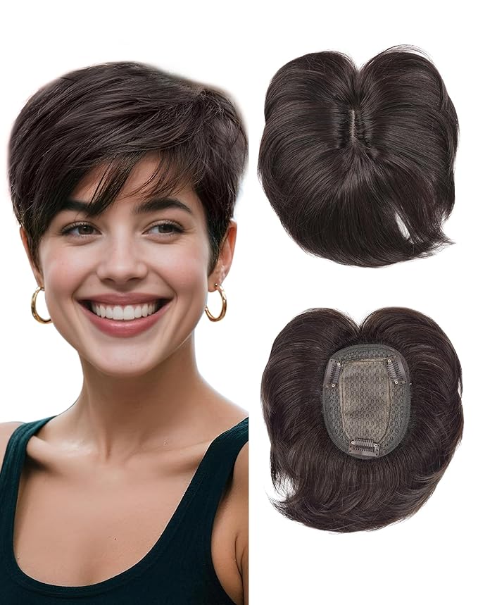 QUEENTAS Brown Short Hair Toppers for Women with Thinning Hair 360°3D Cover with 3 Clips Hair Pieces Wispy Bangs 4.6"*3.6" Coverage(Dark Brown/#2)