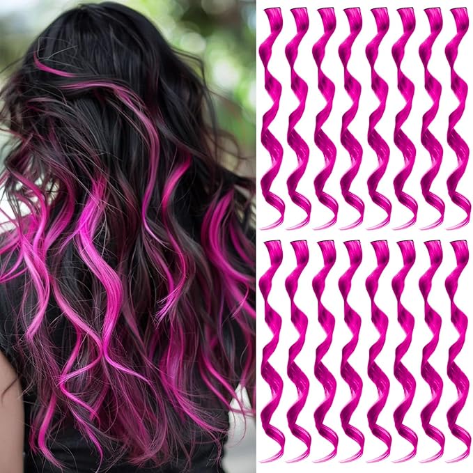 16 Pcs Colored Hair Extensions Curly Wavy Clip in Synthetic Hair Extensions,Colorful Party Highlights Hairpiece Streak for Girls Women Kids Cosplay Party Gift(Rose Purple)