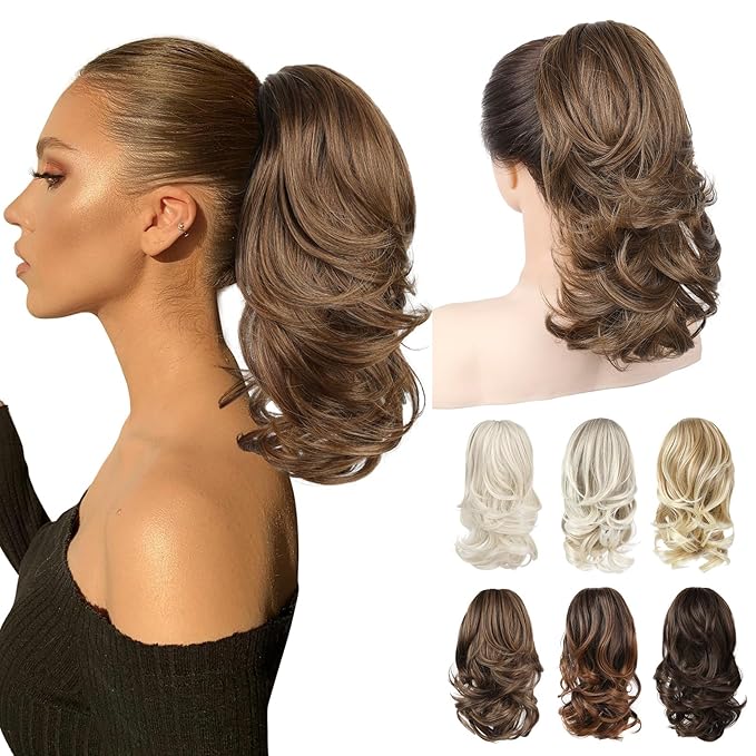 Ponytail Extension - 14" Claw Clip in Ponytail Hair Extensions Natural Soft Synthetic Layered Wavy Pony Tail Hair Pieces for Women - Light Brown