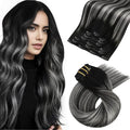 Moresoo Clip in Hair Extensions Black Ombre Grey Remy Double Weft Hair Extensions Clip ins Real Human Hair Balayage Black and Silver for Long Straight 7Pieces 120Grams 24inch