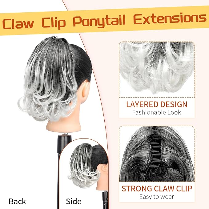 KooKaStyle Ponytail Extension, 10" Short Claw Clip in Pony Tails Hair Extensions Curly Wavy Synthetic Drawstring Hairpieces for Women(Grey Black with White ends)