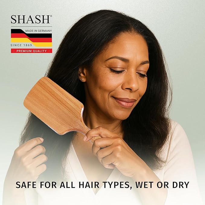 SHASH Since 1869 Made in Germany Wooden Paddle Brush - Gently Detangles, Styles, Conditions Hair with Minimal Frizz and Breakage - Safe for All Hair Types, Wet or Dry - Eco-Sourced Wood