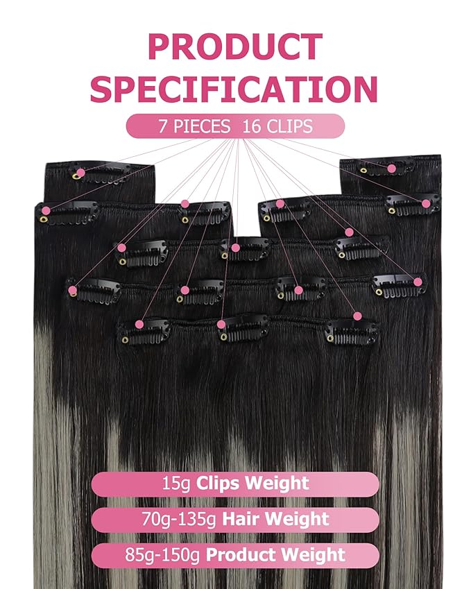 YoungSee Clip in Human Hair Extensions Black Silver Human Hair Clip in Extensions Natural Black Roots to Silver Hair Extensions Clip ins for Short Hair 12Inch 85G 7Pcs