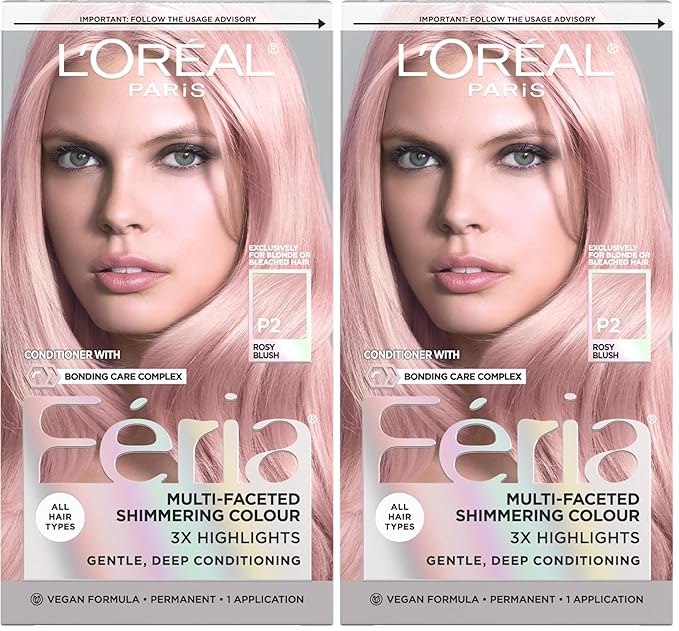 L'Oreal Paris Feria Multi-Faceted Shimmering Permanent Hair Color, P2 Rosy Blush (Smokey Pink) (Pack of 2)