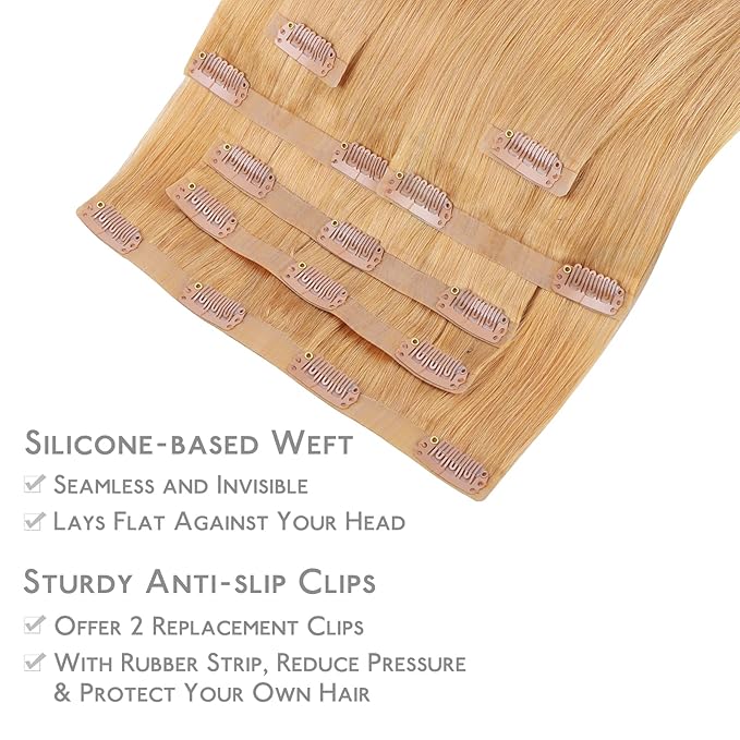 WENNALIFE Seamless Clip In Hair Extensions Human Hair, 14 Inch 130g 7pcs Strawberry Blonde Real Hair Extensions Clip in Human Hair Invisible PU Skin Weft Natural Remy Human Hair Extensions