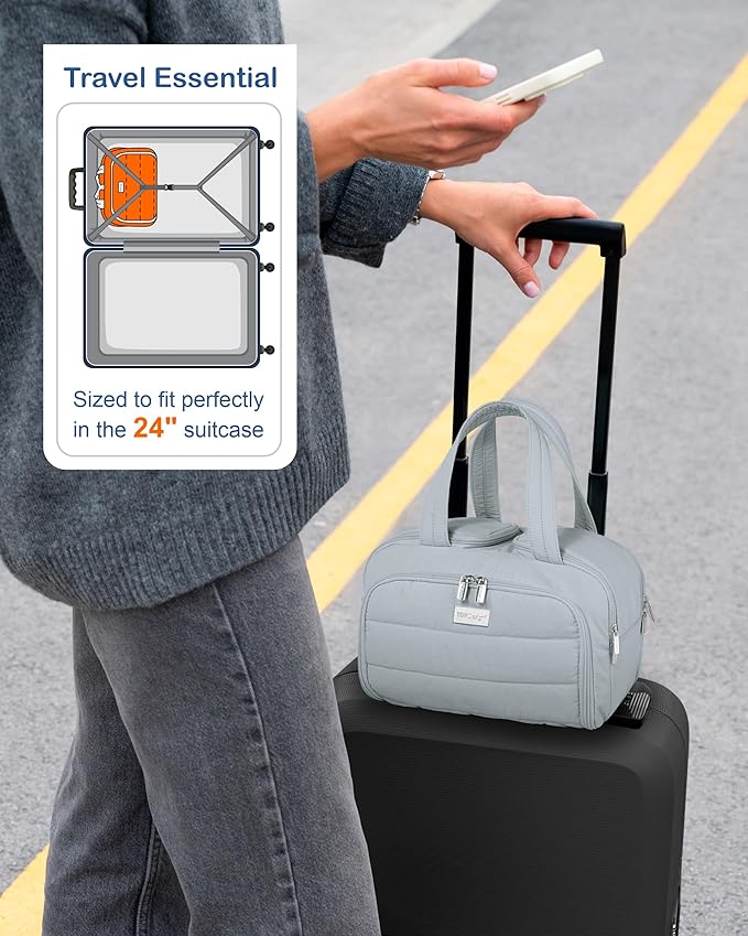 TOPDesign Travel Toiletry Bag for Women, Puffer Large Toiletry Bag, Lightweight Cosmetic Makeup Organizer with Handle for Traveling, Accessories, Essentials, Toiletries (Light Grey)