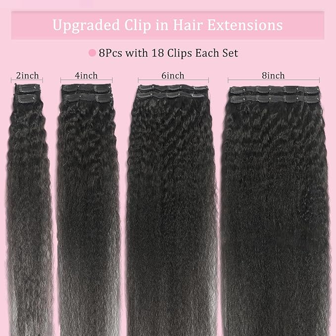 26Inch Kinky Straight Clip Ins Real Human Hair for Black Women Brazilian Real Hair Extensions 125g 8Pcs with 18Clips Per Set Double Weft Human Hair Clip Ins for Full Head (26 Inch)
