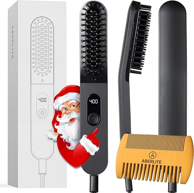 Aberlite Slim Beard & Hair Straightener - Anti-Scald Comb Tooth - Ionic Conditioning - Heated Brush - Straightening Comb for Men - for All Beard Types
