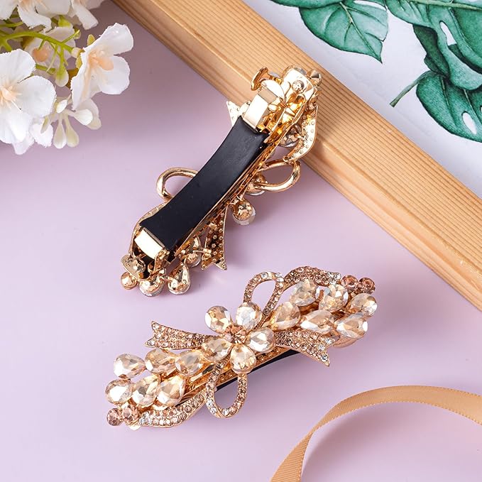 Joez Wonderful Rhinestone Hair Clip Sparkly Crystal Barrettes French Wedding Prom Engagement Pageant First Communion Hair Decorative Accessories for Women Long Hair (Bow Champagne 1 Pcs)