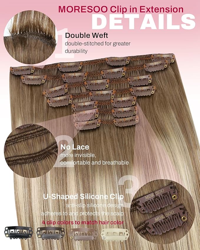 Moresoo Clip in Hair Extensions Real Human Hair Light Brown to Medium Blonde Balayage Clip ins Human Hair Extensions Double Weft Ombre Light Brown to Medium Blonde Thick 135g/7pcs 16in