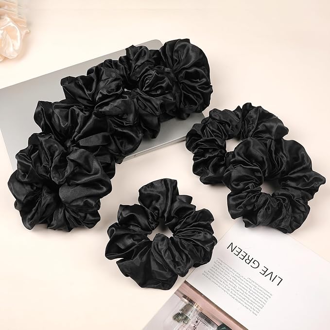 Black Scrunchies Hair Ties for Women - Big Satin Scrunchie Exra Large Jumbo Gaint Oversized Cute Scrunchy for Curl Thick Hair Ligas Para el Cabello De Mujer Decorations Hair Accessories