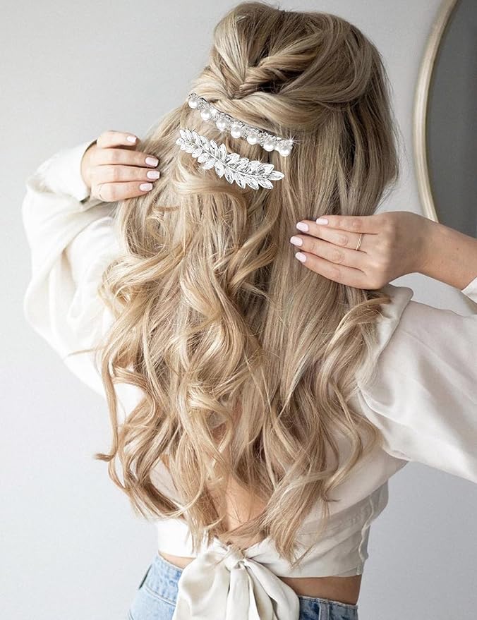 4pcs Rhinestone Pearl Wedding Hair Clips Silver New Bride Bridesmaid Spring Clips French Hairpins Elegant Floral Stylish Accessories Gift for Women Girls
