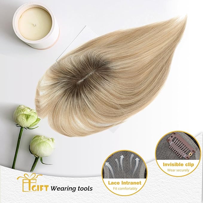 Hair Toppers for Women Real Human Hair Toppers for Women with Thinning Hairs Clip in Bangs 10 inch Swiss Base Hairpieces Loss Cover(Medium Brown to Creamy Iced Blone)#4T1016