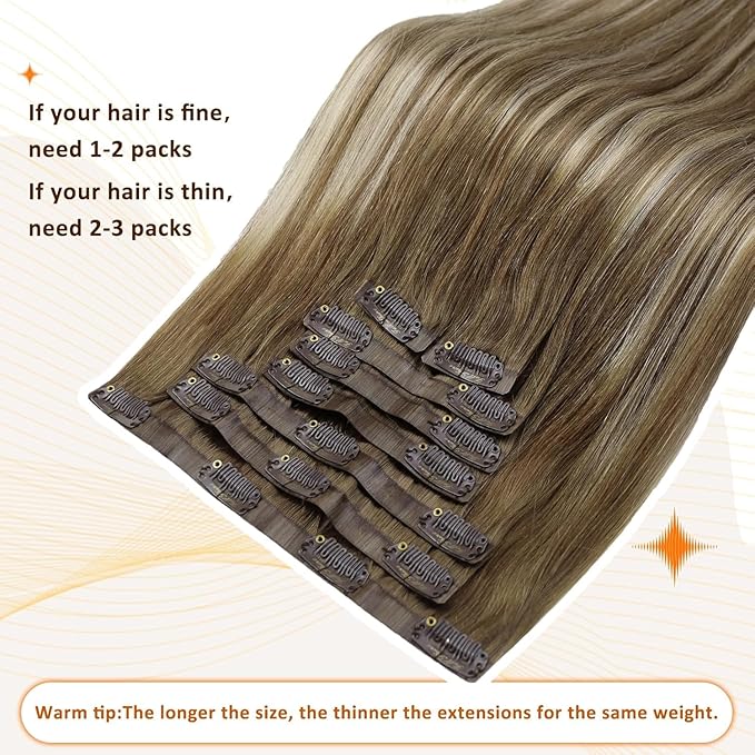 Full Shine Human Hair Clip in Extensions Balayage Straight Clip in Hair Extensions Chestnut Brown Ombre Brown Mix Platinum Blonde Real Human Hair 16 Inch 8 PCS 120 G