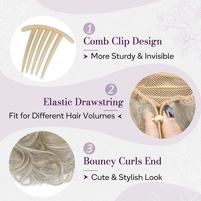 BARSDAR Drawstring Comb Clip Ponytail Extension - 10 Inch Short Wavy Clip in Ponytails Hairpieces for Women - Synthetic Gray Ponytail Extension Fake Pony Tails - Blonde Mix Gray