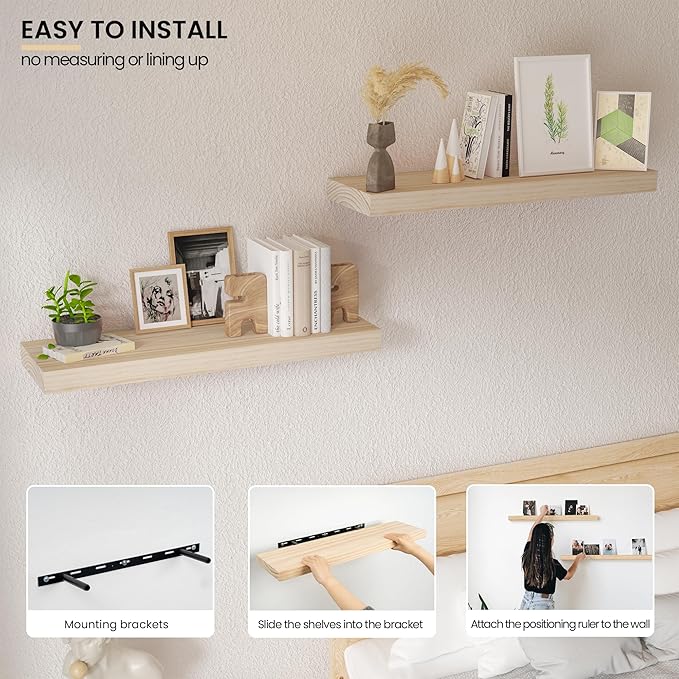 Natural Wood Floating Shelves 24”x 8”x 1.4” Book Shelf Floating for Wall Mounted, Heavy Duty Shelf Hold 60 lbs, Unfinished Wall Shelves for Bathroom, Living Room, Kitchen, Bedroom, Office