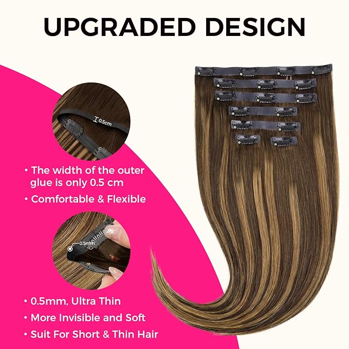 Lashey Seamless Clip in Hair Extensions Human Hair, 18 Inch 110g 7pcs Straight Balayage Chocolate Brown to Honey Blonde with Brown Root Highlight Clip in Hair Extensions for Women