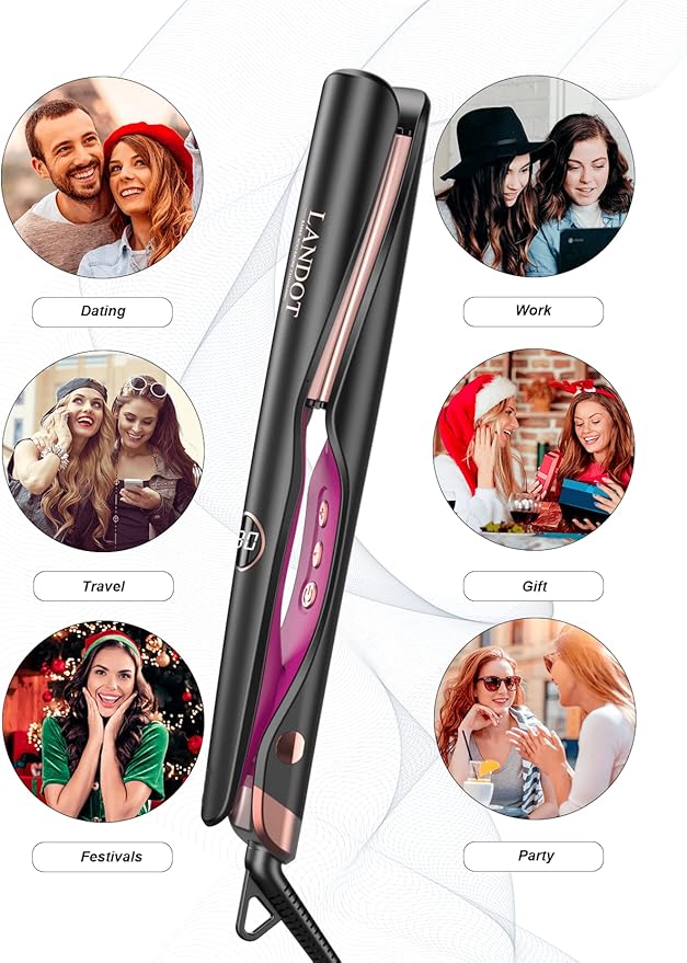 LANDOT 2-in-1 Hair Straightener & Curling Iron - Create Salon Waves, Curls & Straight Styles at Home | Floating Plates, Anti-Frizz & Tangle-Free | Dual Voltage, Temp 250-450°F for All Hair Types